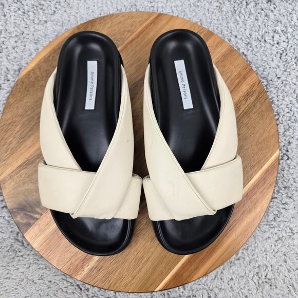 Emme Parsons Womens 38 Folded Slide White Black Leather Crossover Daily Sandals - Picture 5 of 11